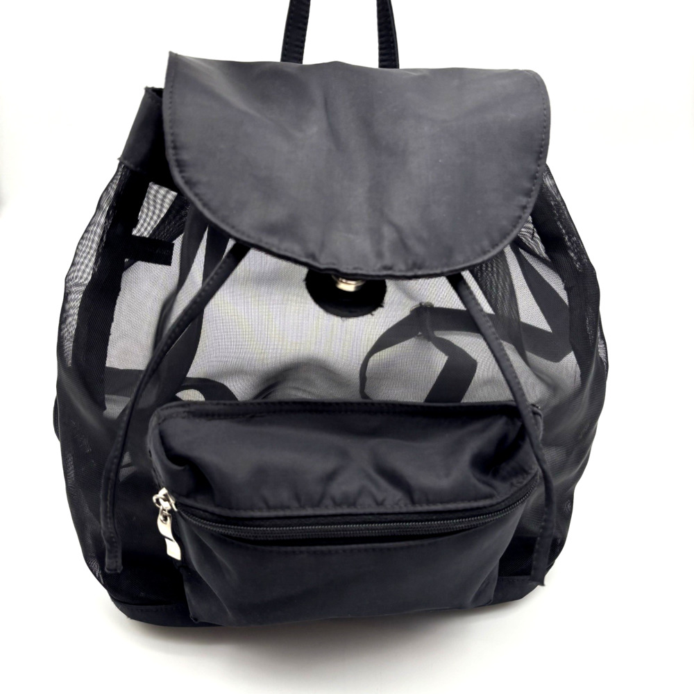 Vintage 00s Y2K EXPRESS Black Nylon See-through Mesh Drawstring Backpack 13x11"